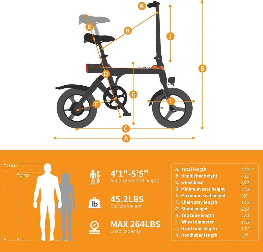 Jasion EB3 Electric Bike Adults 21mph, 500W Peak Motor, 270Wh Battery, Rear Suspension, 3 Levels Assist, 14" Folding Ebike for Adults and Teens, Complies to UL2849