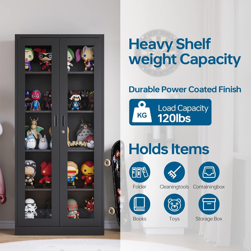 PEUKC Display Cabinet with Glass Doors, Curio Cabinets with 4 Adjustable Shelves