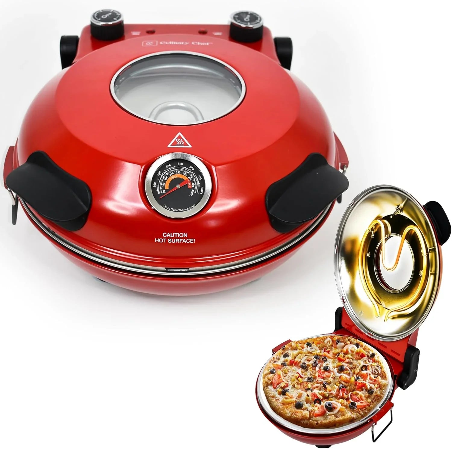 Electric Pizza Oven with Ceramic Stone, Viewing Window, Adjustable Heat Control, Timer and 1200W Baking Power, DIY Homemade Pizzeria, Large 12�� Pie Capacity (Black)