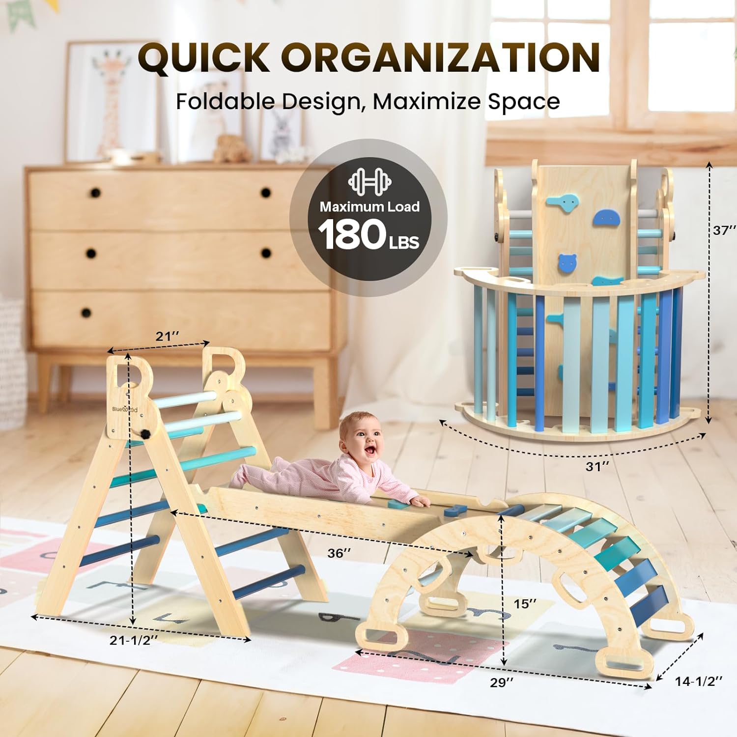 Pikler Triangle Set 7in1 Foldable Baby Climbing Toys Wooden Montessori Climbing Set with Arch&Ramp&Ladder Baby Climber Indoor Jungle Gyms for Toddlers Montessori Toys - Rainbow