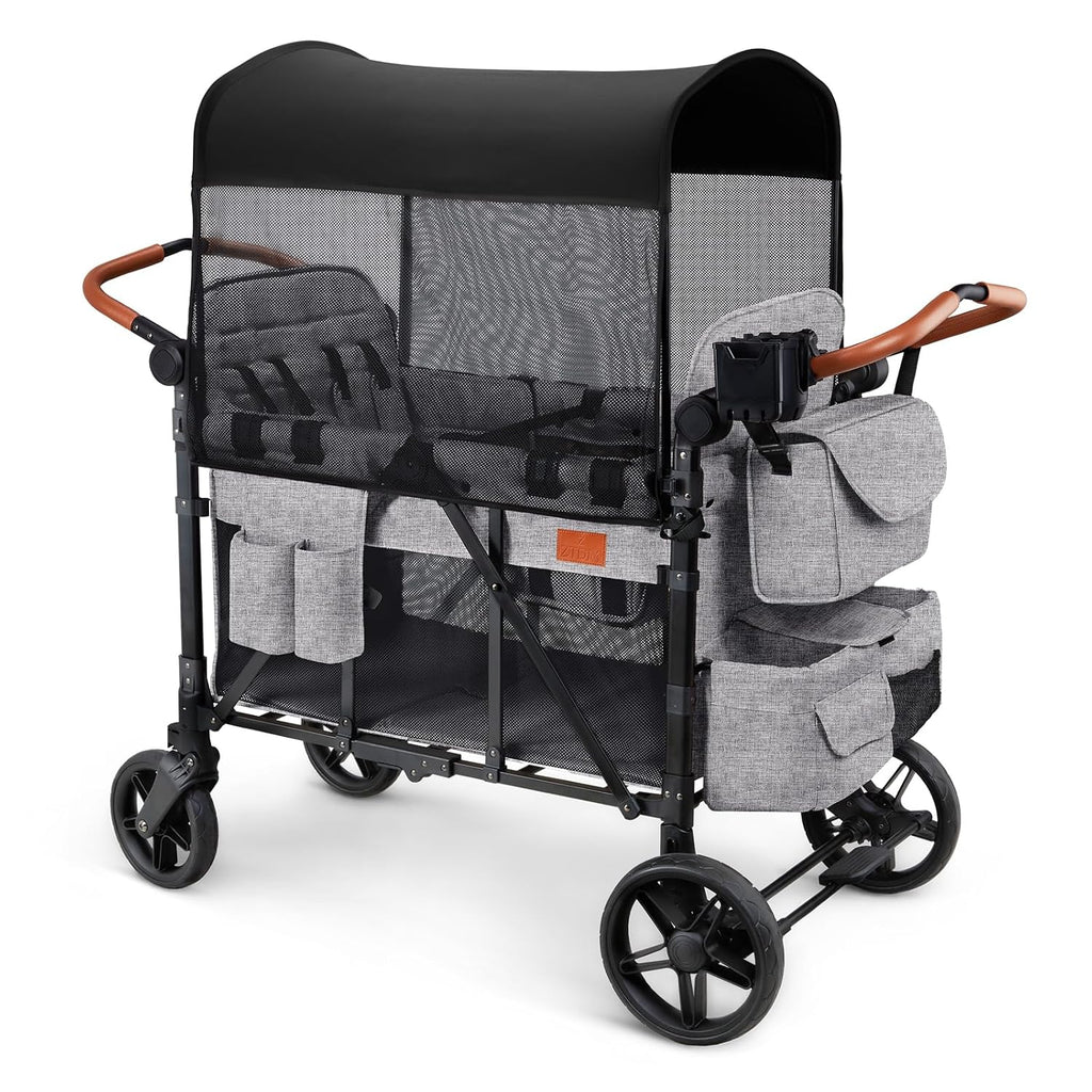 Wagon Stroller for 4 Kids, All-Terrain Wagon for Toddler with Canopy, Parent Organizer, Shoulder Bag, Adjustable Handlebar, Phone Holder, High Seat & 5 Point Harness, Ultimate Quad (Black)