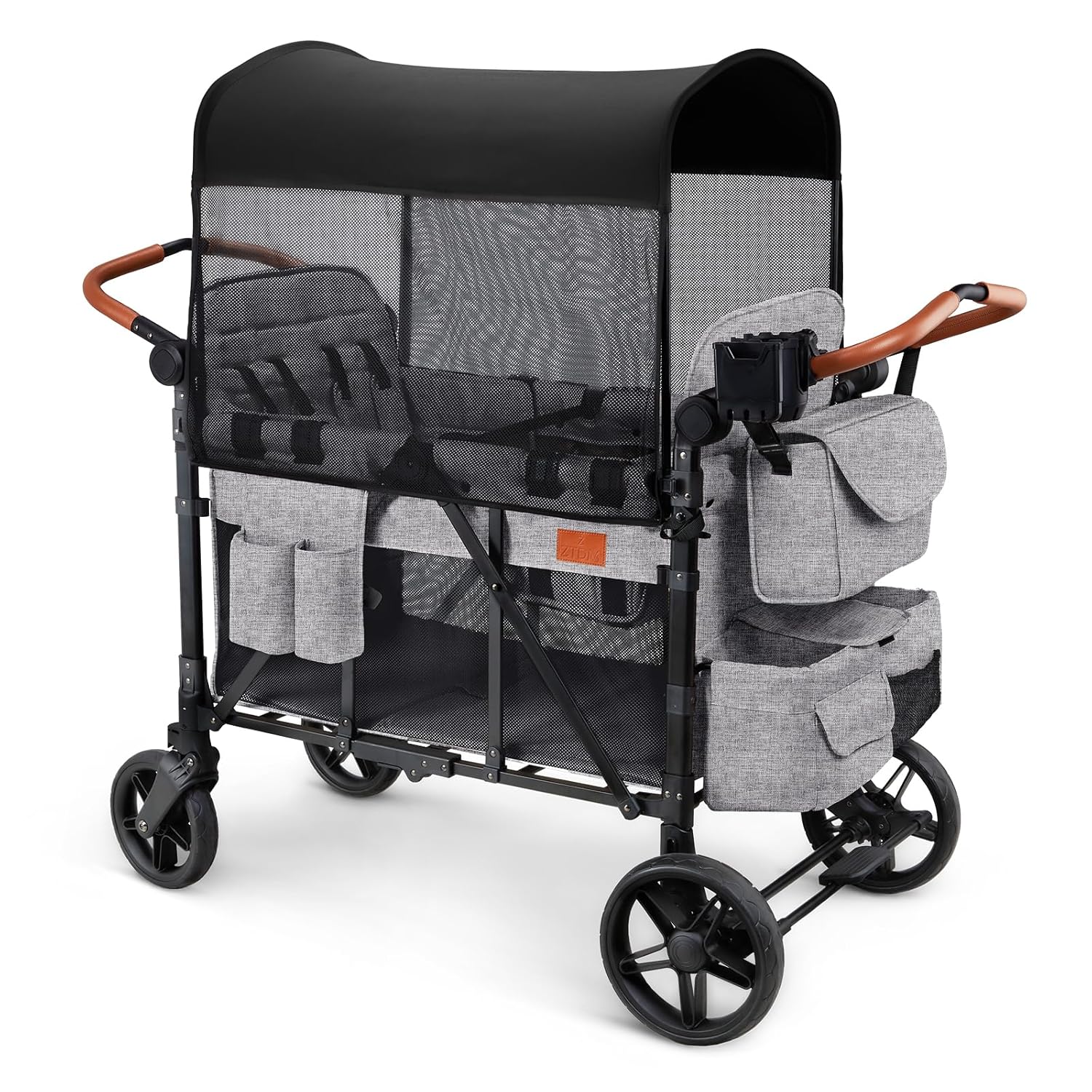Wagon Stroller for 4 Kids, All-Terrain Wagon for Toddler with Canopy, Parent Organizer, Shoulder Bag, Adjustable Handlebar, Phone Holder, High Seat & 5 Point Harness, Ultimate Quad (Black)
