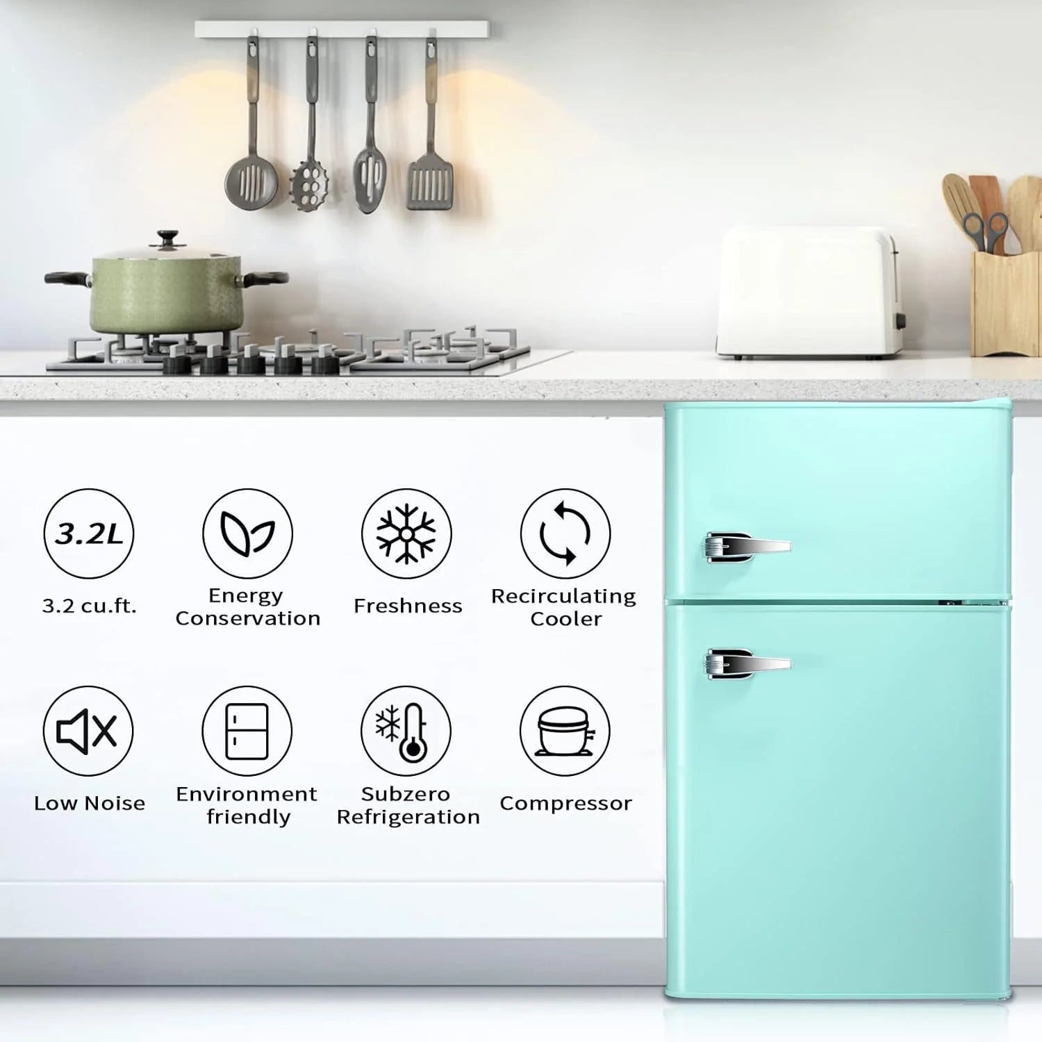 Antarctic Star Compact Mini Refrigerator Separate Freezer, Small Fridge Double 2-Door Adjustable Removable Retro Stainless Steel Shelves Living room/Kitchen/Dorm/Office 3.2 cu ft.Green