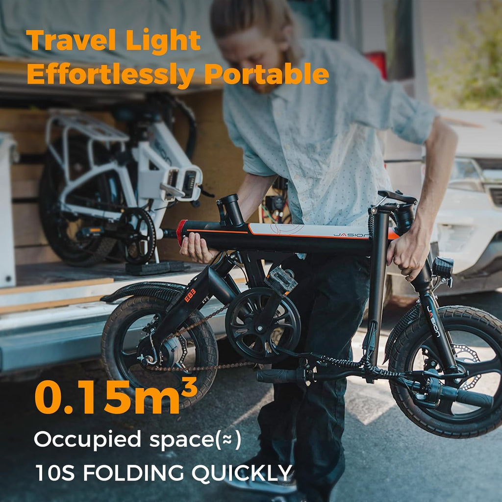 Jasion EB3 Electric Bike Adults 21mph, 500W Peak Motor, 270Wh Battery, Rear Suspension, 3 Levels Assist, 14" Folding Ebike for Adults and Teens, Complies to UL2849