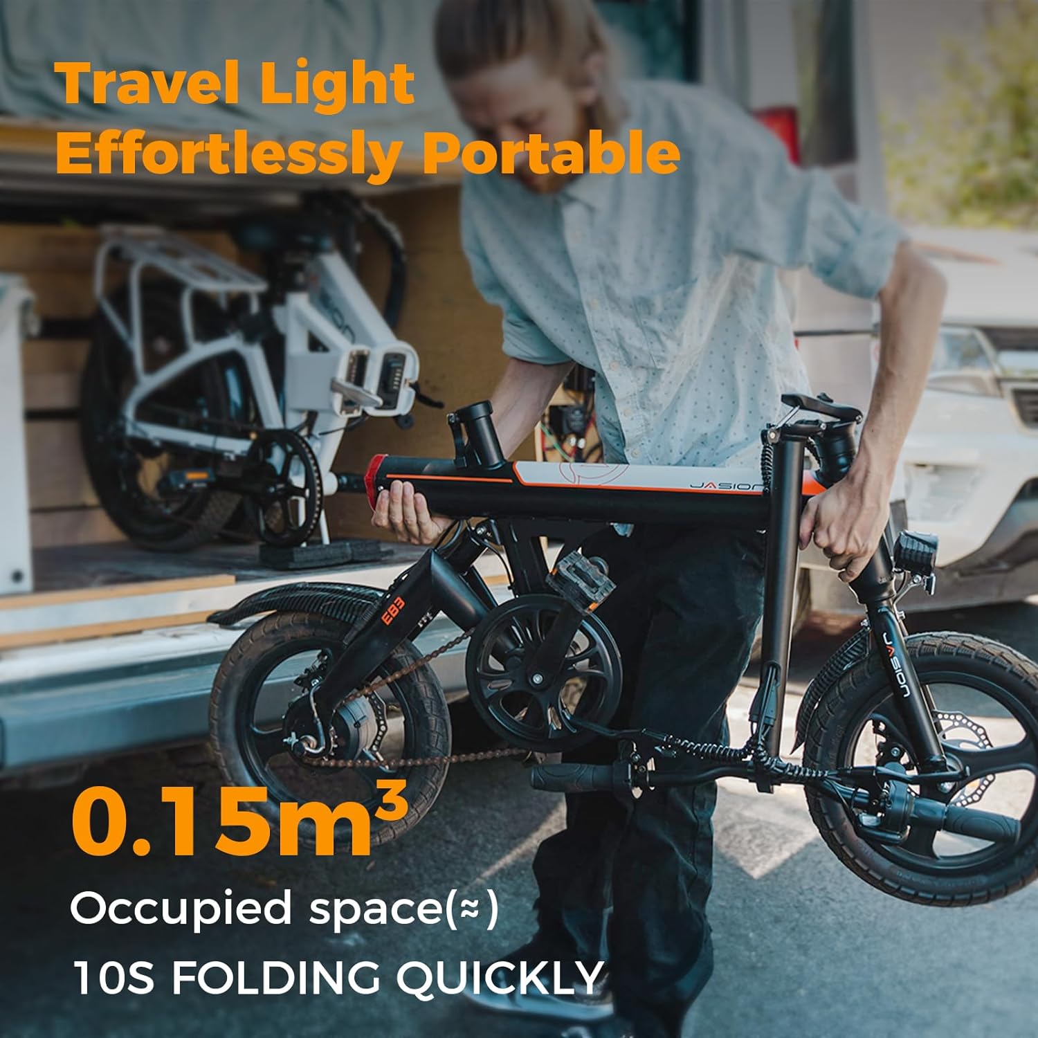 Jasion EB3 Electric Bike Adults 21mph, 500W Peak Motor, 270Wh Battery, Rear Suspension, 3 Levels Assist, 14" Folding Ebike for Adults and Teens, Complies to UL2849