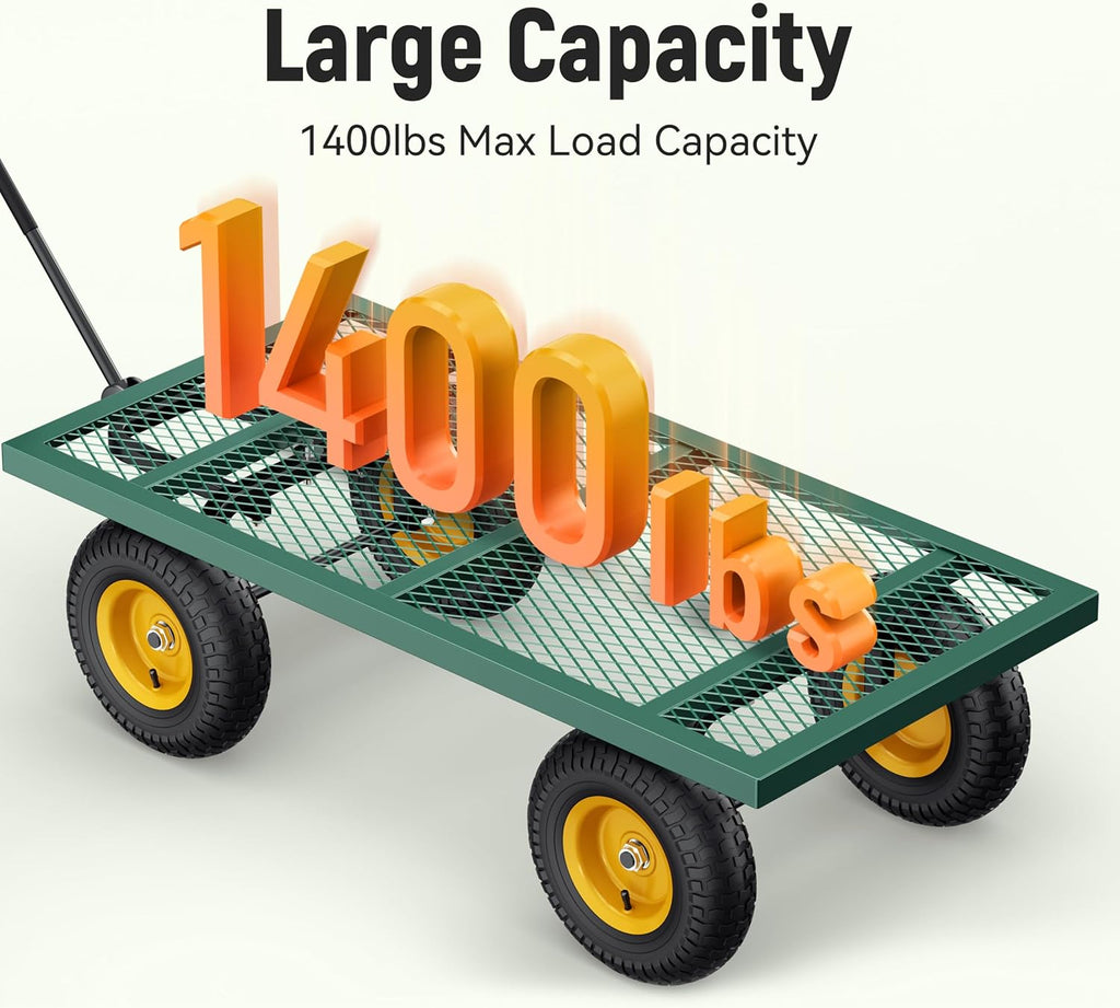 Steel Garden Cart, 2-in-1 1400 lbs Heavy Duty Utility Wagon, with Removable Mesh Sides to Convert into Flatbed, 240° U-Turn 13" Pneumatic Tires Garden Wagon for Farm Yard Lawn Garden Camping