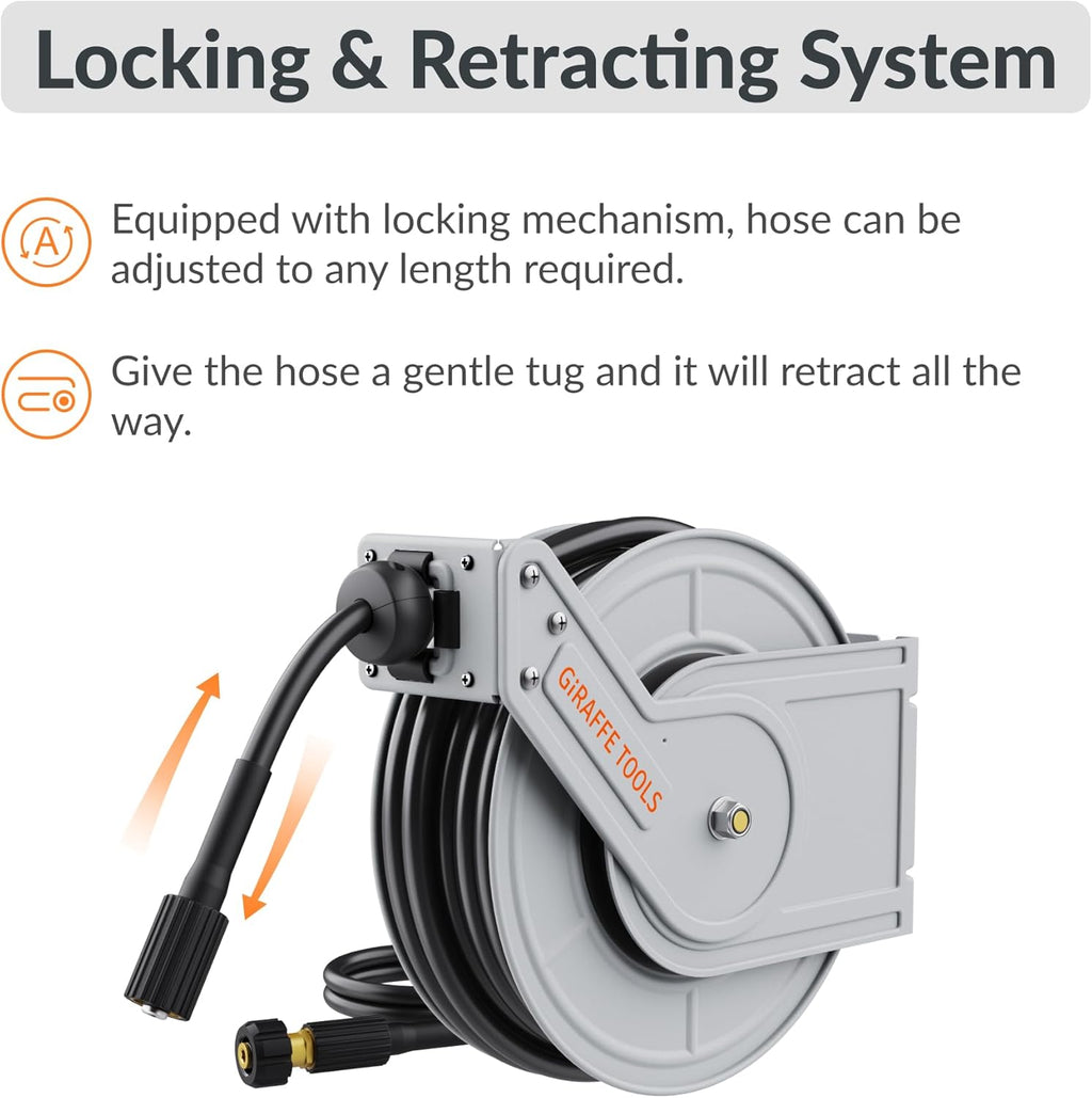 Giraffe Tools Pressure Washer Hose Reel, Any Length Lock, Auto Rewind, Wall Mounted