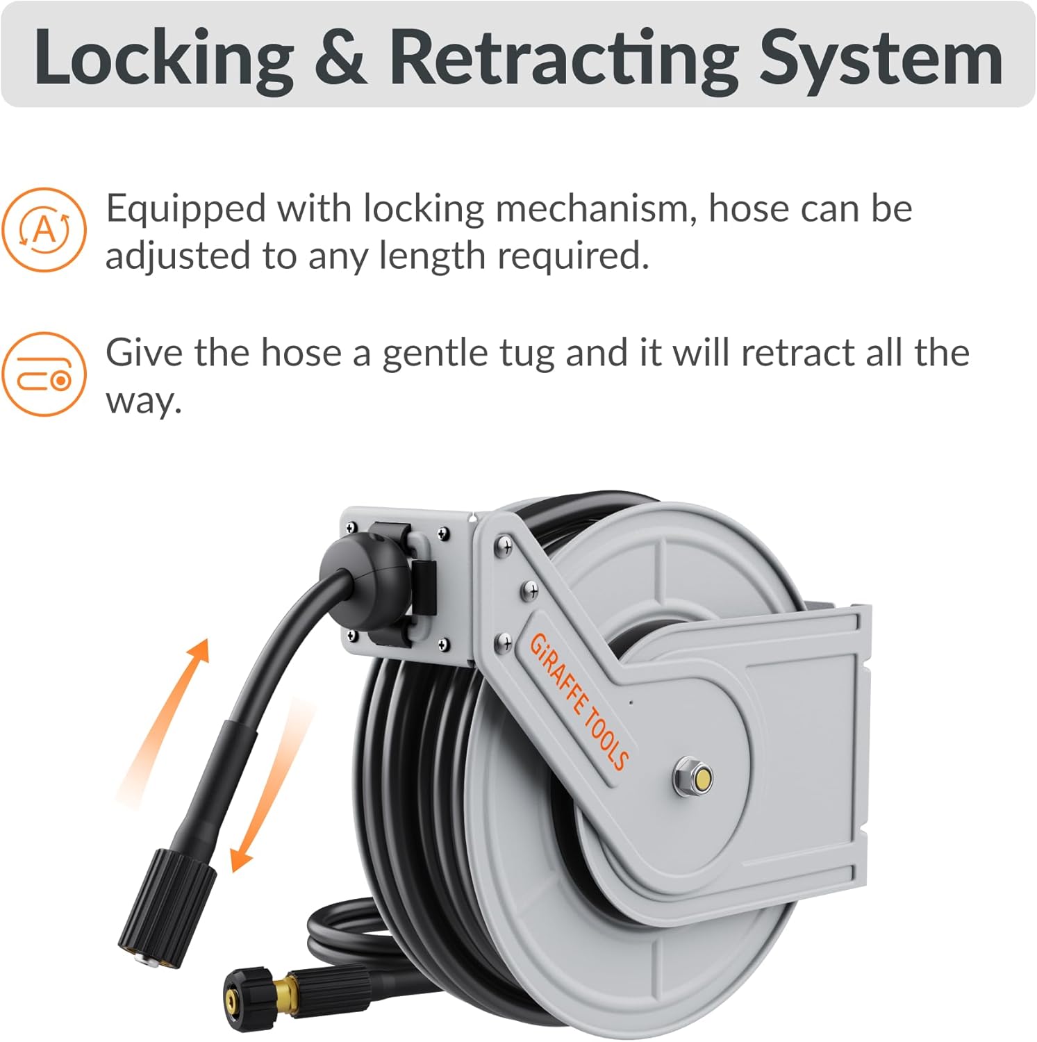 Giraffe Tools Pressure Washer Hose Reel, Any Length Lock, Auto Rewind, Wall Mounted