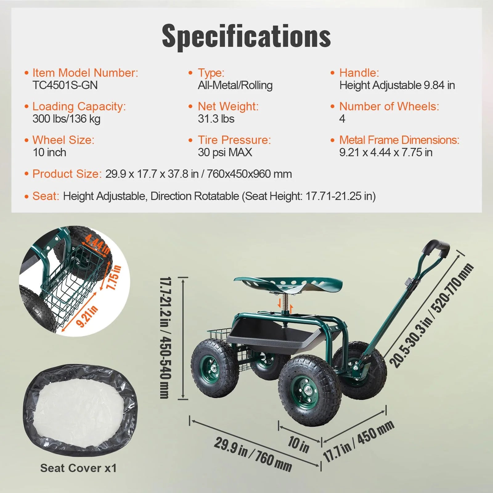 VEVOR Garden Cart Rolling Workseat with Wheels