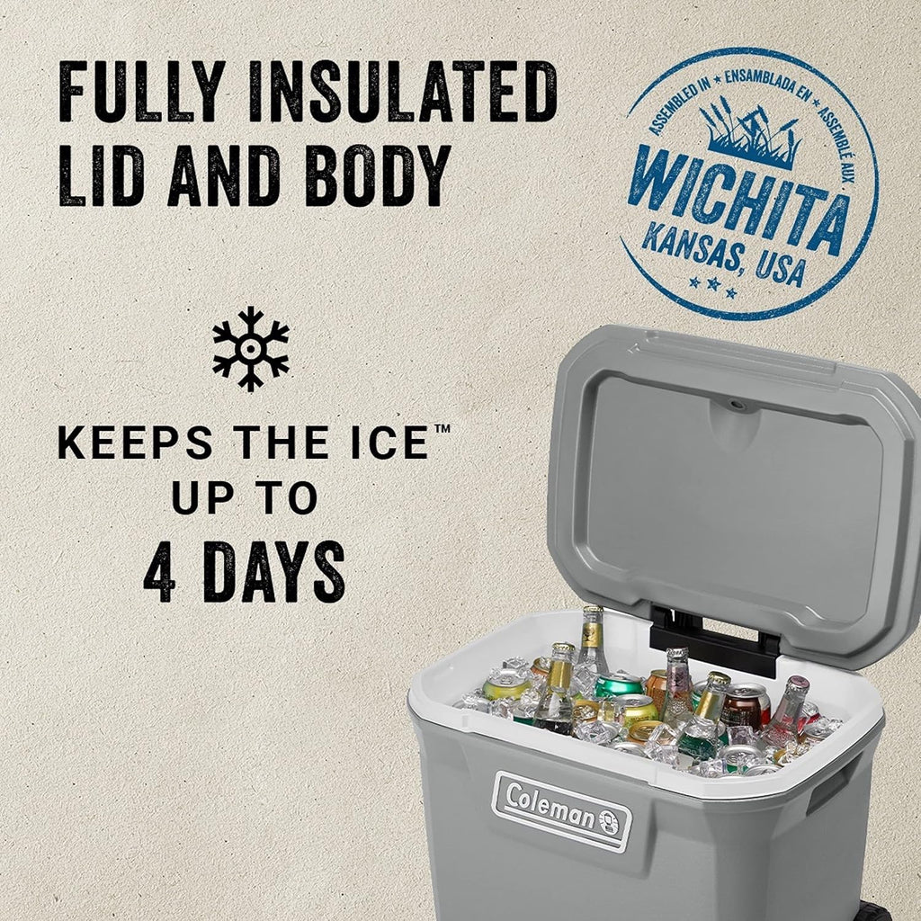 Coleman Classic Series Insulated Portable Wheeled Cooler, Leak-Resistant Outdoor Hard Cooler Keeps Ice up to 5 Days, 100-Quart