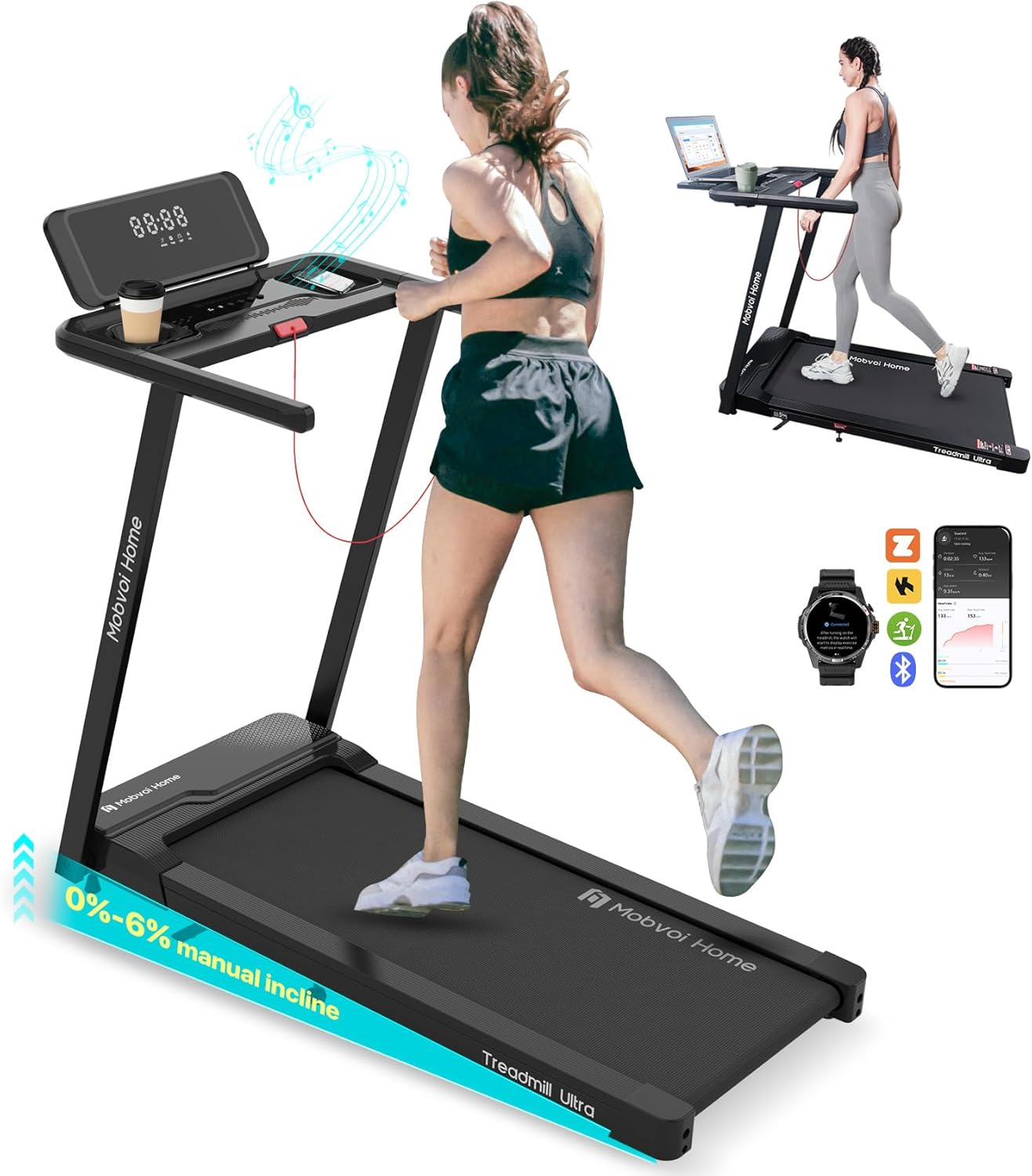 Mobvoi Home Treadmill Ultra 3 in 1 Walking Pad with 6% Incline for Home Office 2.5HP Walking Running Treadmill Holder for Cup Phone Laptop Large Running Area LED Display Speaker 12KMH 120kg