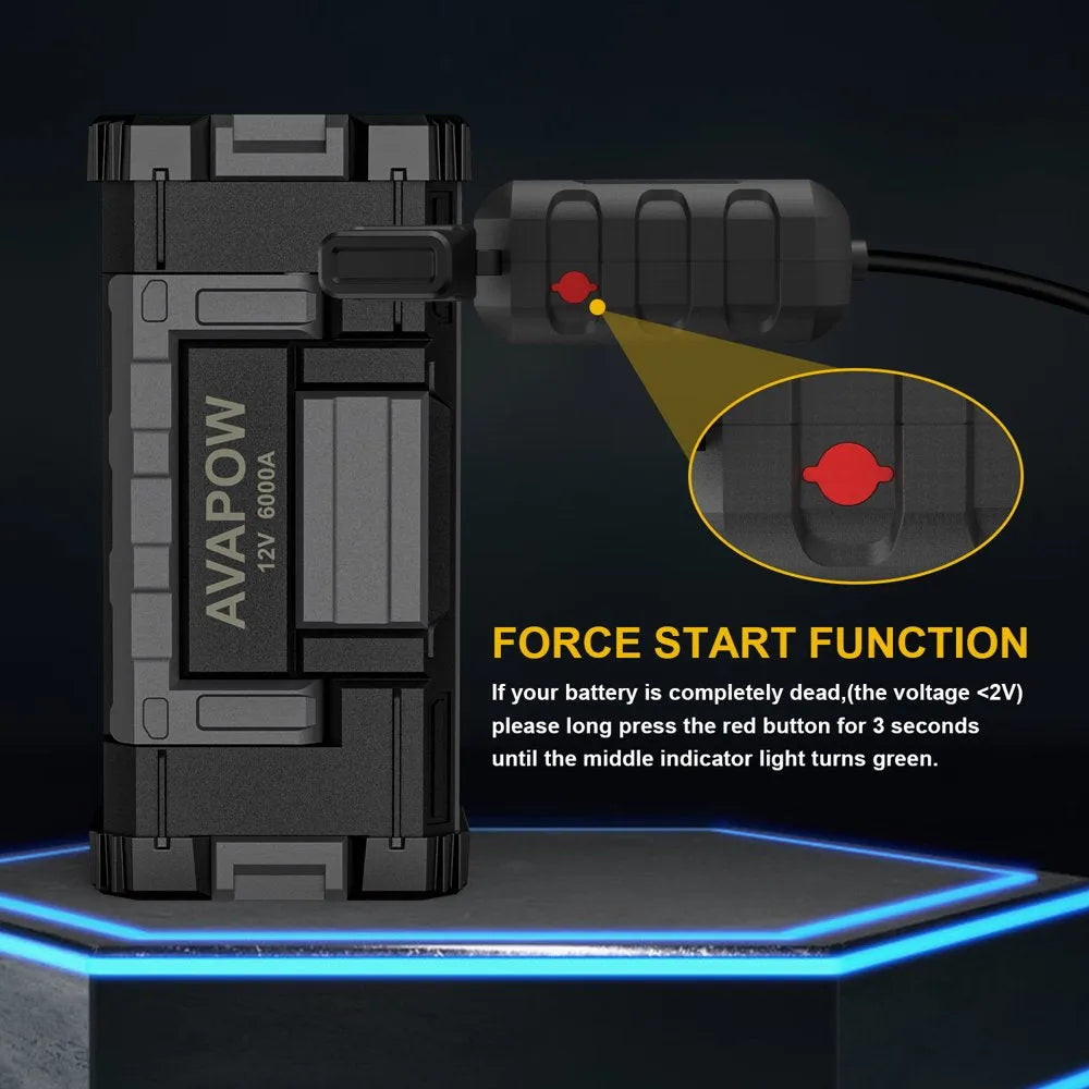AVAPOW 6000A Car Battery Jump Starter with Dual USB Quick Charge and DC Output, 12V Jump Pack with Built-In LED Bright Light