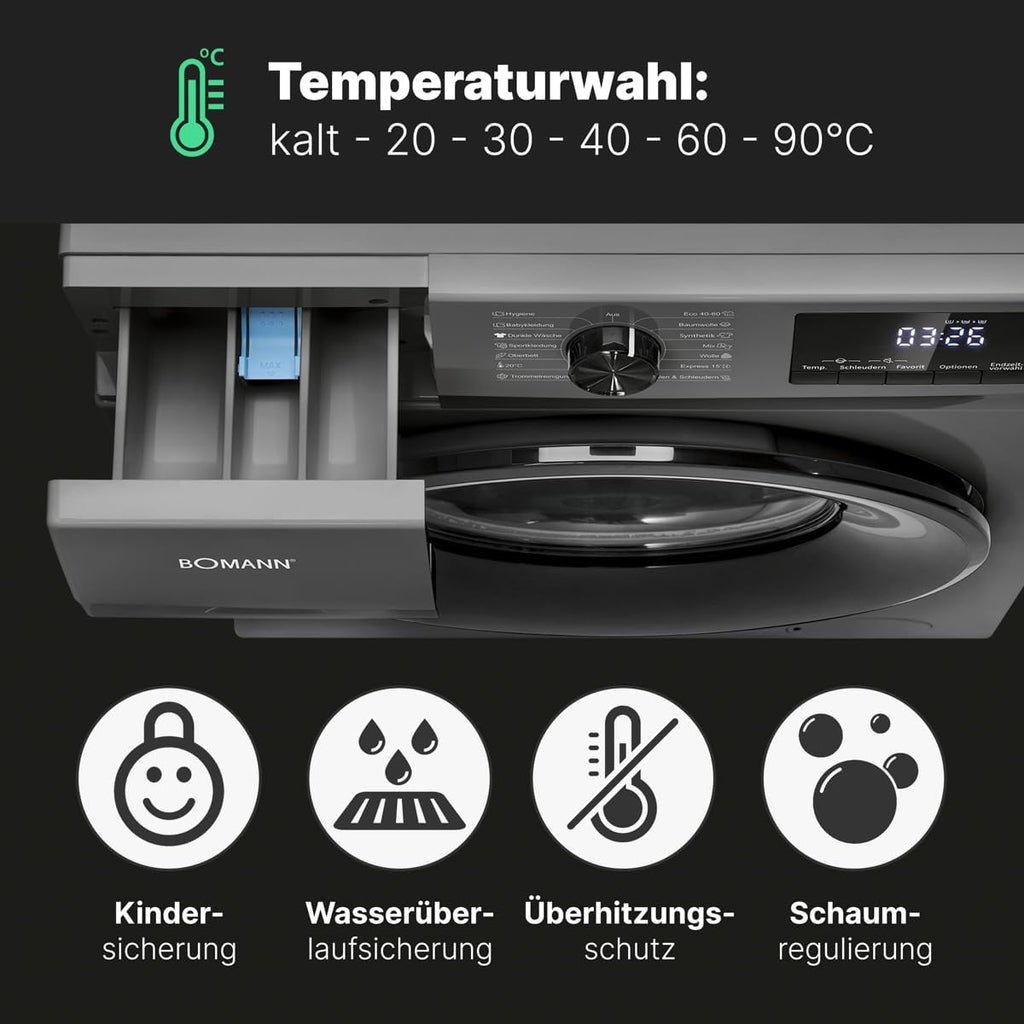 Bomann Wasmachine 7kg | maximaal 1400 tpm | 10 jaar motorgarantie | Effici?nte, stille en duurzame invertermotor | 15 programma's | Eindtijd Netnummer | LED-scherm | Wasmachine | WA 7175 wit