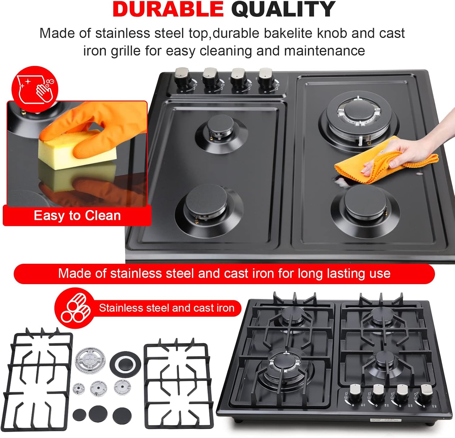 FORIMO Gas Cooktop 22Inch, Built in Gas Cooktop 4 Burners Stainless Steel Stove