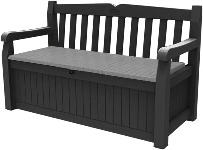 Keter Eden Bench 265L Outdoor 60% recycled Garden Furniture Storage Box Beige & Brown Wood Panel Effect | Fade Free | All Weather Resistant | Safe and Secure | Zero Maintenance | 2 year Warranty