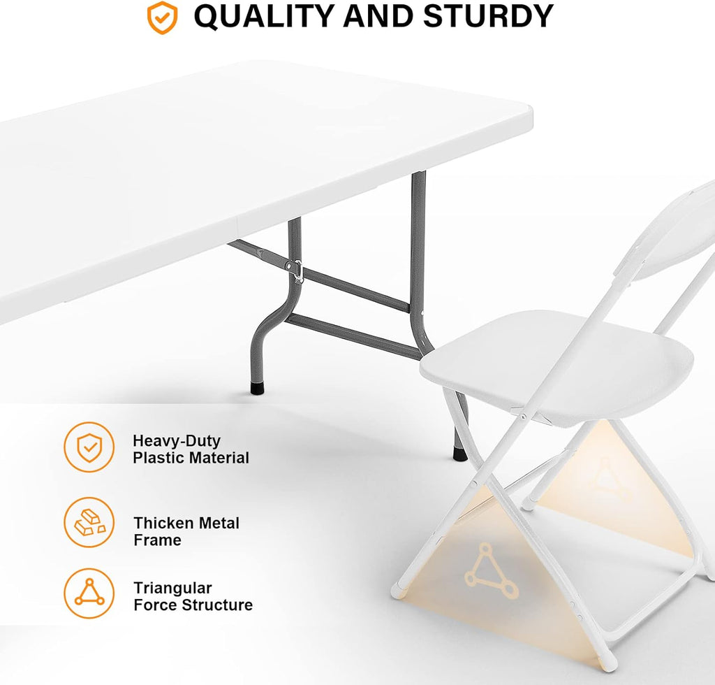 VINGLI 6 FT Plastic Folding Table Set with 8 White Folding Chairs