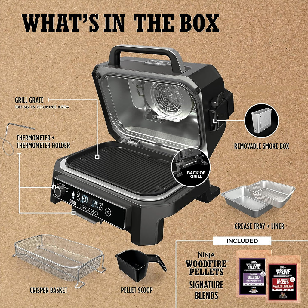 OG701 7-in-1 Outdoor Electric Grill & Smoker - Grill, BBQ, Air Fry, Bake, Roast, Dehydrate & Broil - Uses Woodfire Pellets - Portable & Weather Resistant