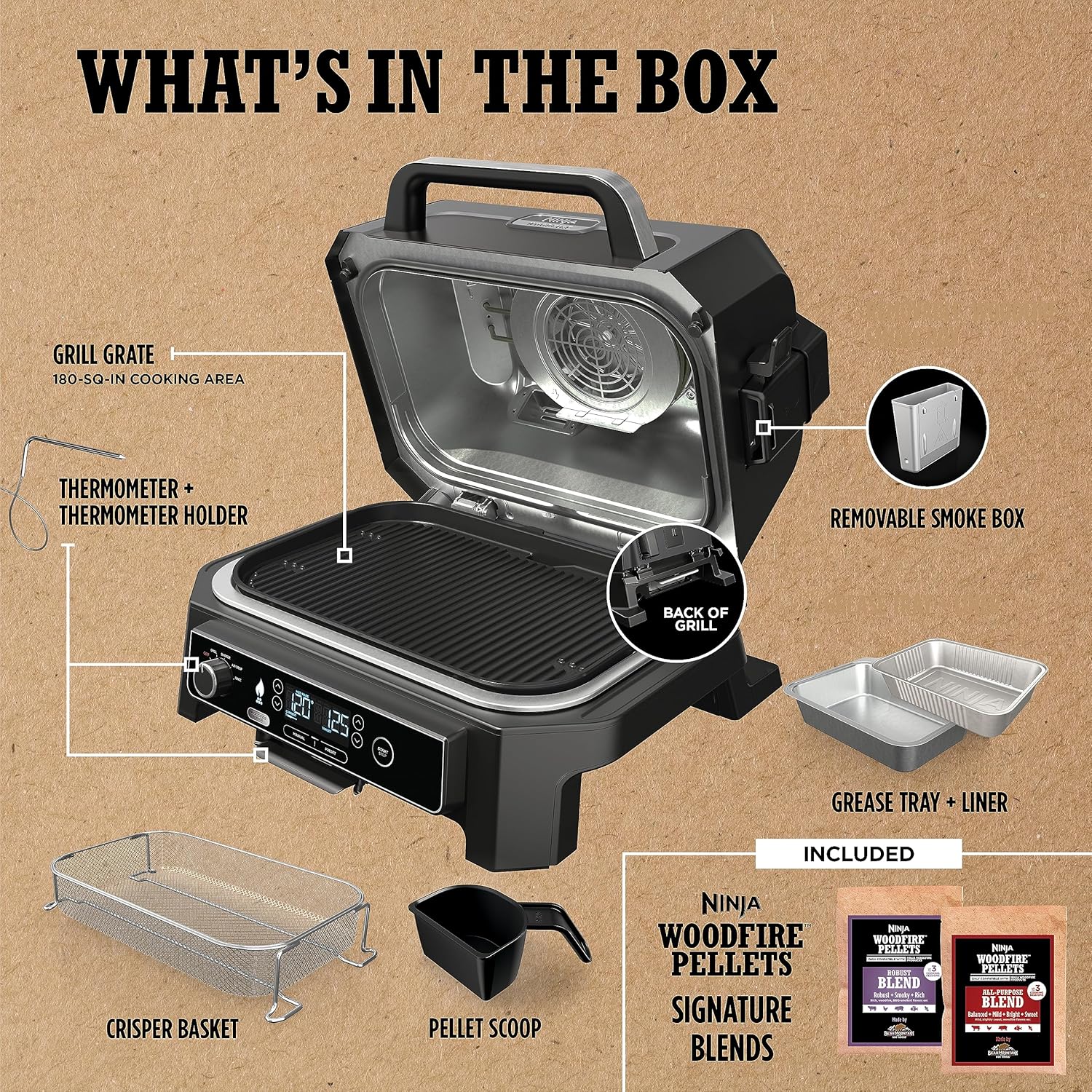 OG701 7-in-1 Outdoor Electric Grill & Smoker - Grill, BBQ, Air Fry, Bake, Roast, Dehydrate & Broil - Uses Woodfire Pellets - Portable & Weather Resistant