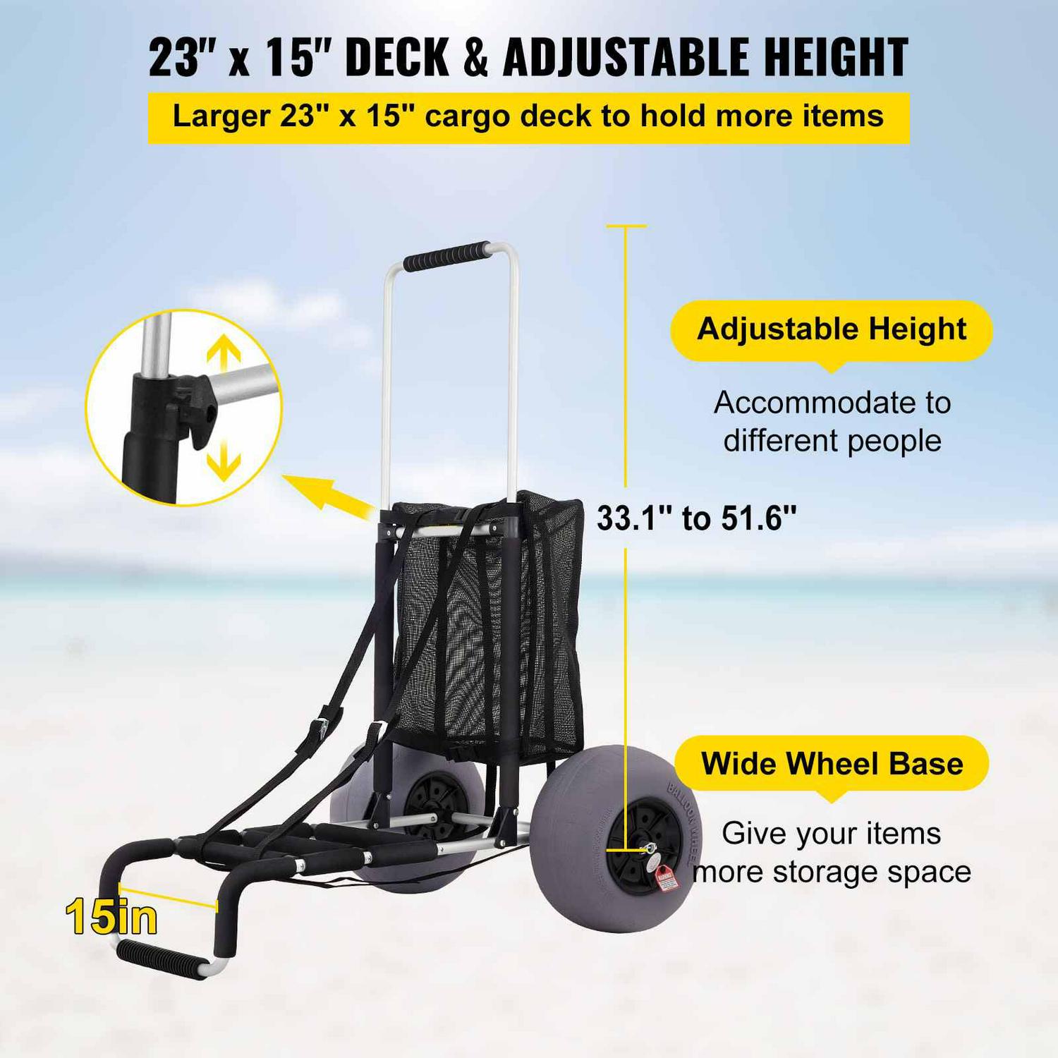 BENTISM Beach Cart for Sand, 165 lbs Capacity, Foldable, Adjustable Handle, 13′′ Balloon Wheels, Black