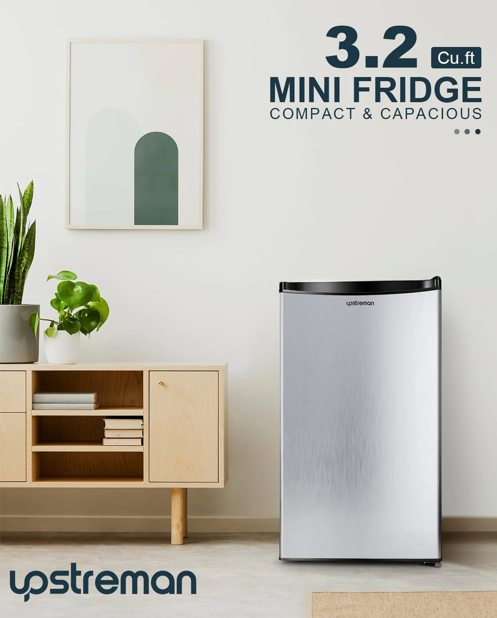 Upstreman 3.2 Cu.Ft Mini Fridge with Freezer, Single Door Mini Fridge, Dorm Fridge, Adjustable Thermostat, Mini Refrigerator for Bedroom, Office, Dorm, Black-BR321