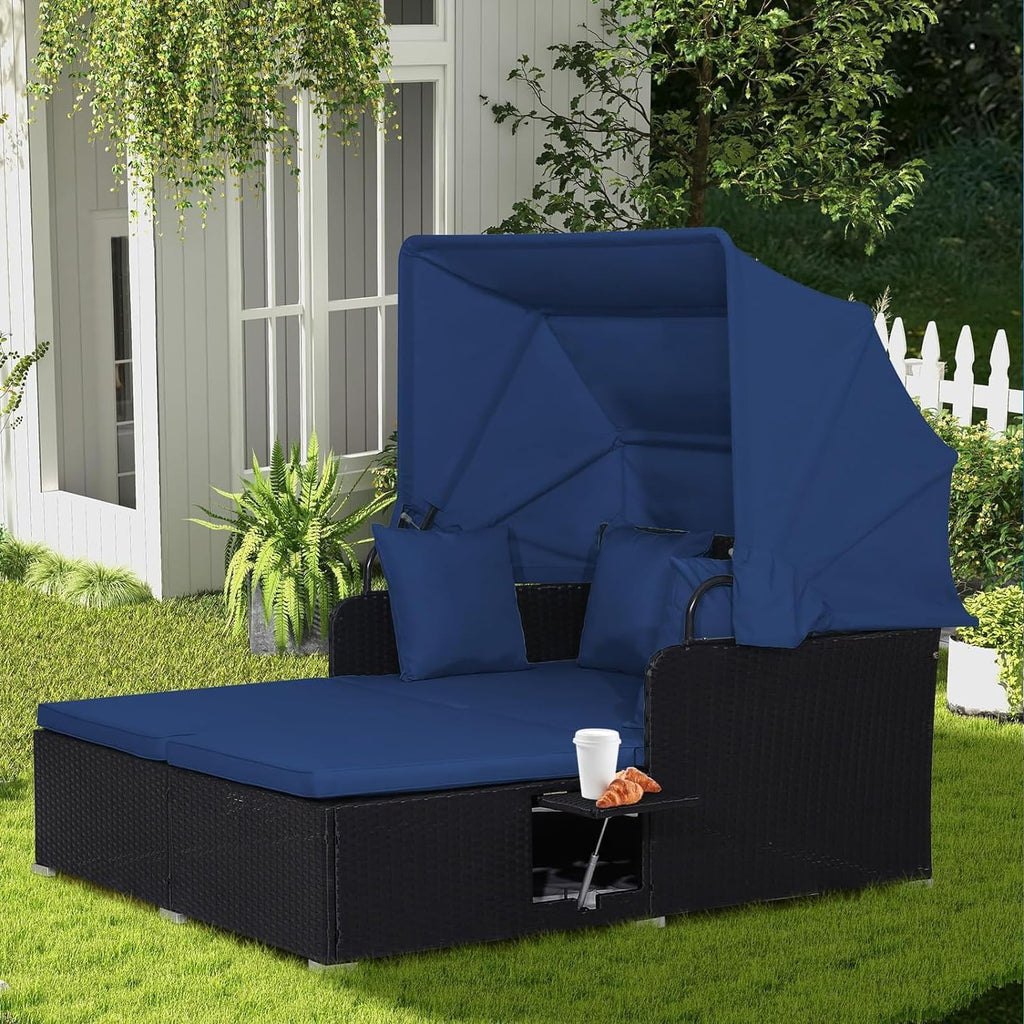 RELAX4LIFE Patio Outdoor Daybed with Canopy, Wicker Sunbed w/Cushions, 4 Pillows & 2 Retractable Side Trays, 2-Person Lounge Bed Conversation for Poolside Porch Garden, Rattan Outdoor Bed (Turquoise)