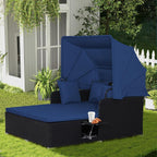 RELAX4LIFE Patio Outdoor Daybed with Canopy, Wicker Sunbed w/Cushions, 4 Pillows & 2 Retractable Side Trays, 2-Person Lounge Bed Conversation for Poolside Porch Garden, Rattan Outdoor Bed (Turquoise)
