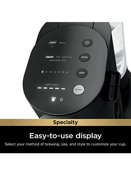Ninja Pod & Grounds Specialty Single-Serve Coffee Maker, K-Cup Pod Compatible, Brews Grounds, Compact Design, Built-In Milk Frother, 56-oz. Reservoir, 6-oz. Cup to 24-oz. Mug Sizes, Black, PB051
