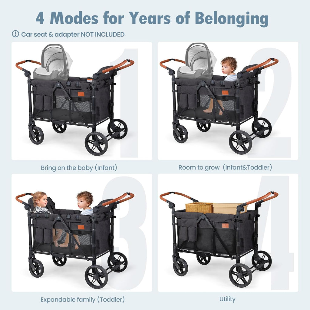 Wagon Stroller for 4 Kids, All-Terrain Wagon for Toddler with Canopy, Parent Organizer, Shoulder Bag, Adjustable Handlebar, Phone Holder, High Seat & 5 Point Harness, Ultimate Quad (Black)