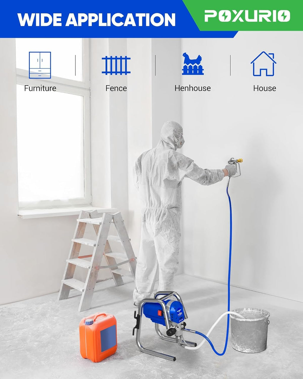 POXURIO 1200W Airless Paint Sprayer, 3300PSI High Efficiency Electric Paint Sprayer