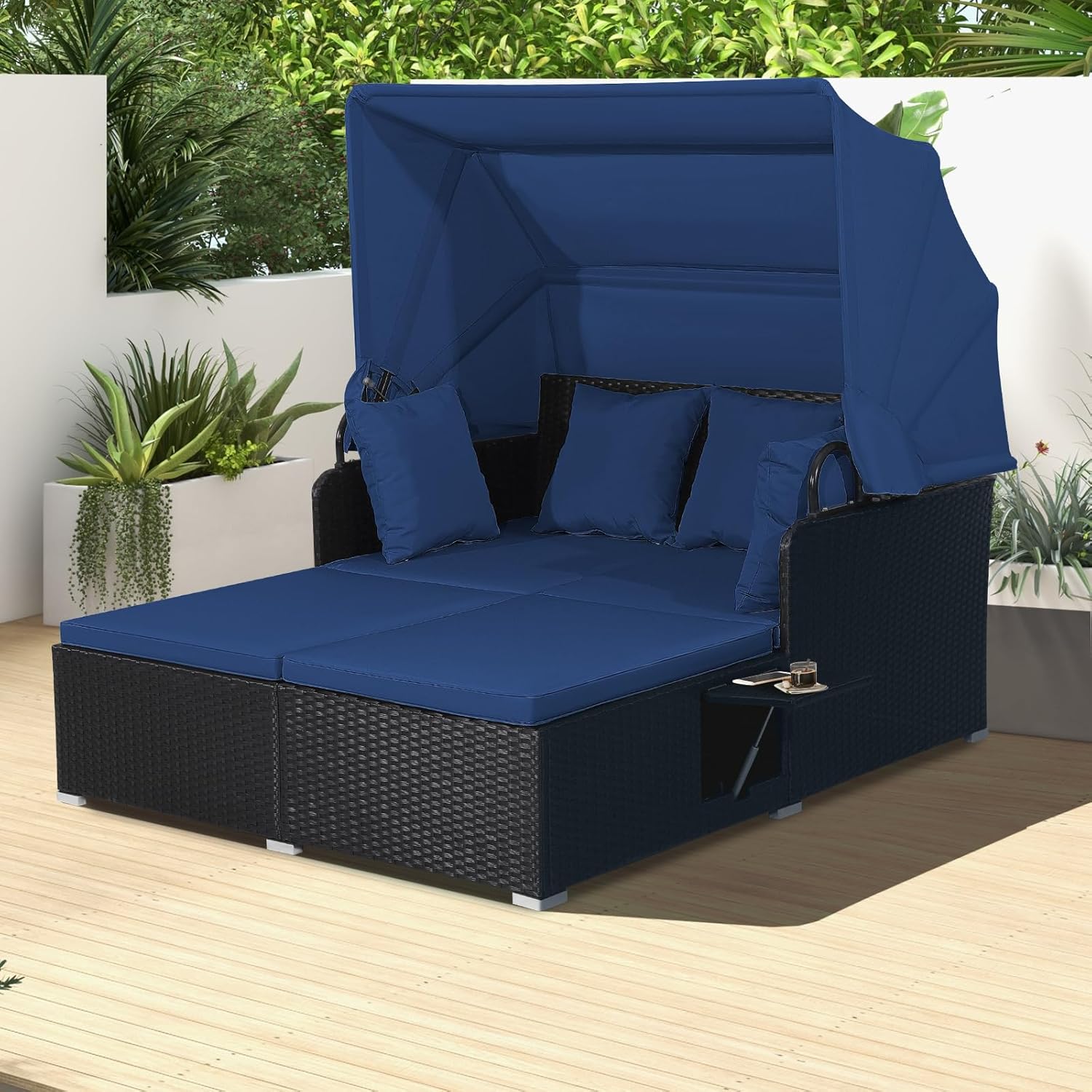 RELAX4LIFE Patio Outdoor Daybed with Canopy, Wicker Sunbed w/Cushions, 4 Pillows & 2 Retractable Side Trays, 2-Person Lounge Bed Conversation for Poolside Porch Garden, Rattan Outdoor Bed (Turquoise)