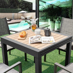 Extensible outdoor dining table, patio table, all-weather aluminum frame, large rectangular lawn backyard garden terrace dining table, suitable for 4 to 6 people, dark gray (dark gray, slatted tabletop)