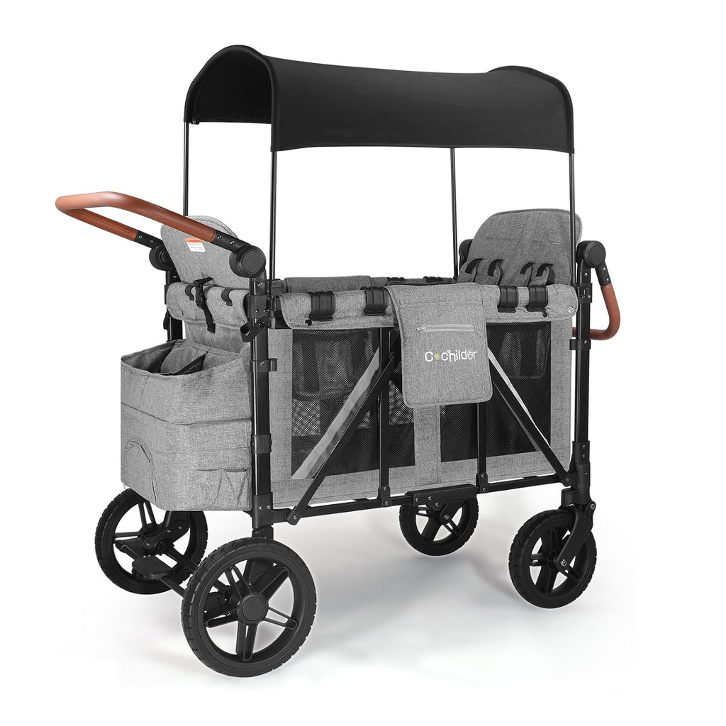 All-Terrain 4 Seater Wagon Stroller for Kids - Heavy-Duty 300lb Capacity, One-Hand Fold Design, High Seats with 5-Point Harness, Adjustable Canopy and Handlebars, Light Grey