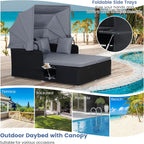 RELAX4LIFE Patio Outdoor Daybed with Canopy, Wicker Sunbed w/Cushions, 4 Pillows & 2 Retractable Side Trays, 2-Person Lounge Bed Conversation for Poolside Porch Garden, Rattan Outdoor Bed (Turquoise)