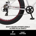 Mongoose Malus Mens and Women Fat Tire Mountain Bike, 26-Inch Bicycle Wheels, 4-Inch Wide Knobby Tires, Steel Frame, 7 Speed Drivetrain, Shimano Rear Derailleur, Disc Brakes