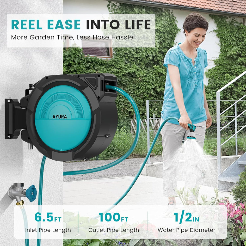 AYURA Retractable Garden Hose Reel, Any Length Lock, Slow Auto-Rewind, 10 Pattern Nozzle