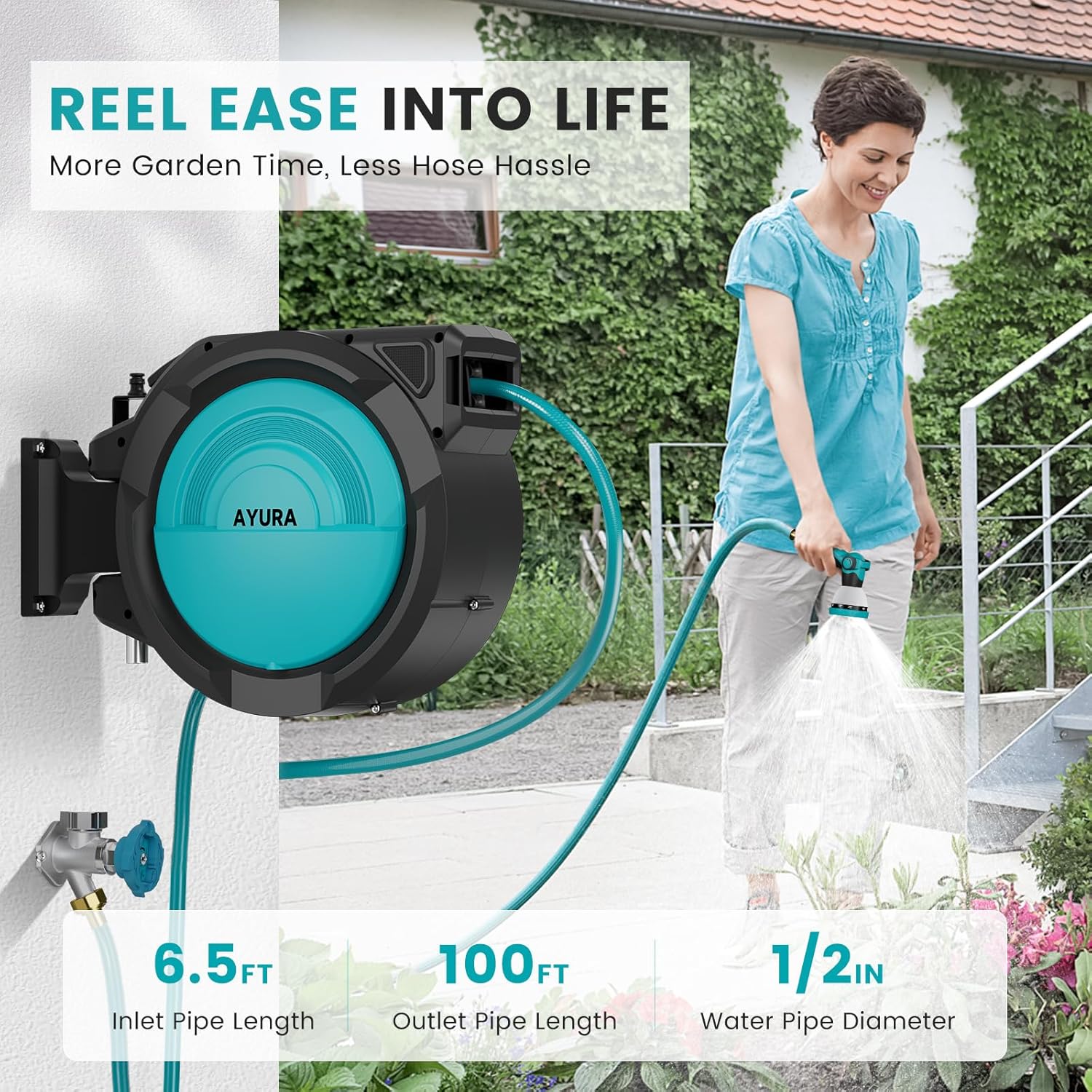 AYURA Retractable Garden Hose Reel, Any Length Lock, Slow Auto-Rewind, 10 Pattern Nozzle