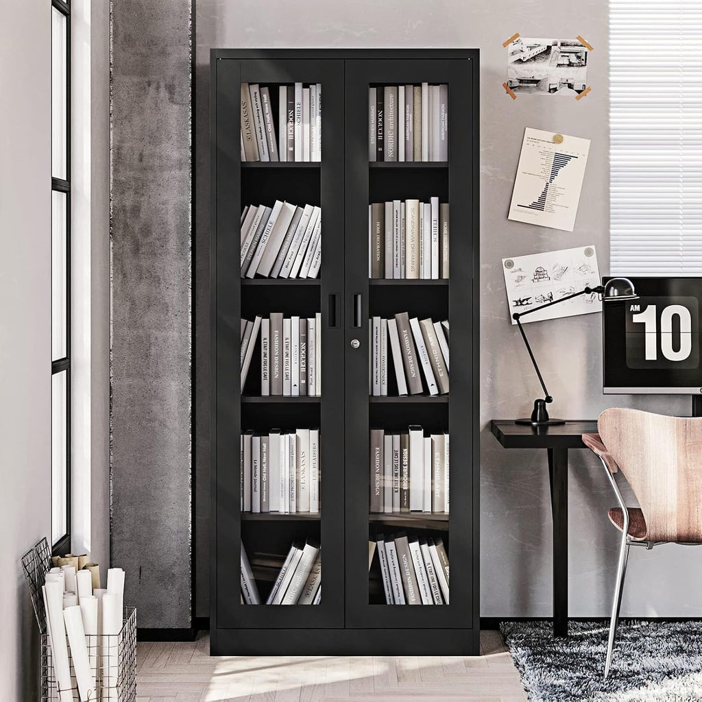 PEUKC Display Cabinet with Glass Doors, Curio Cabinets with 4 Adjustable Shelves