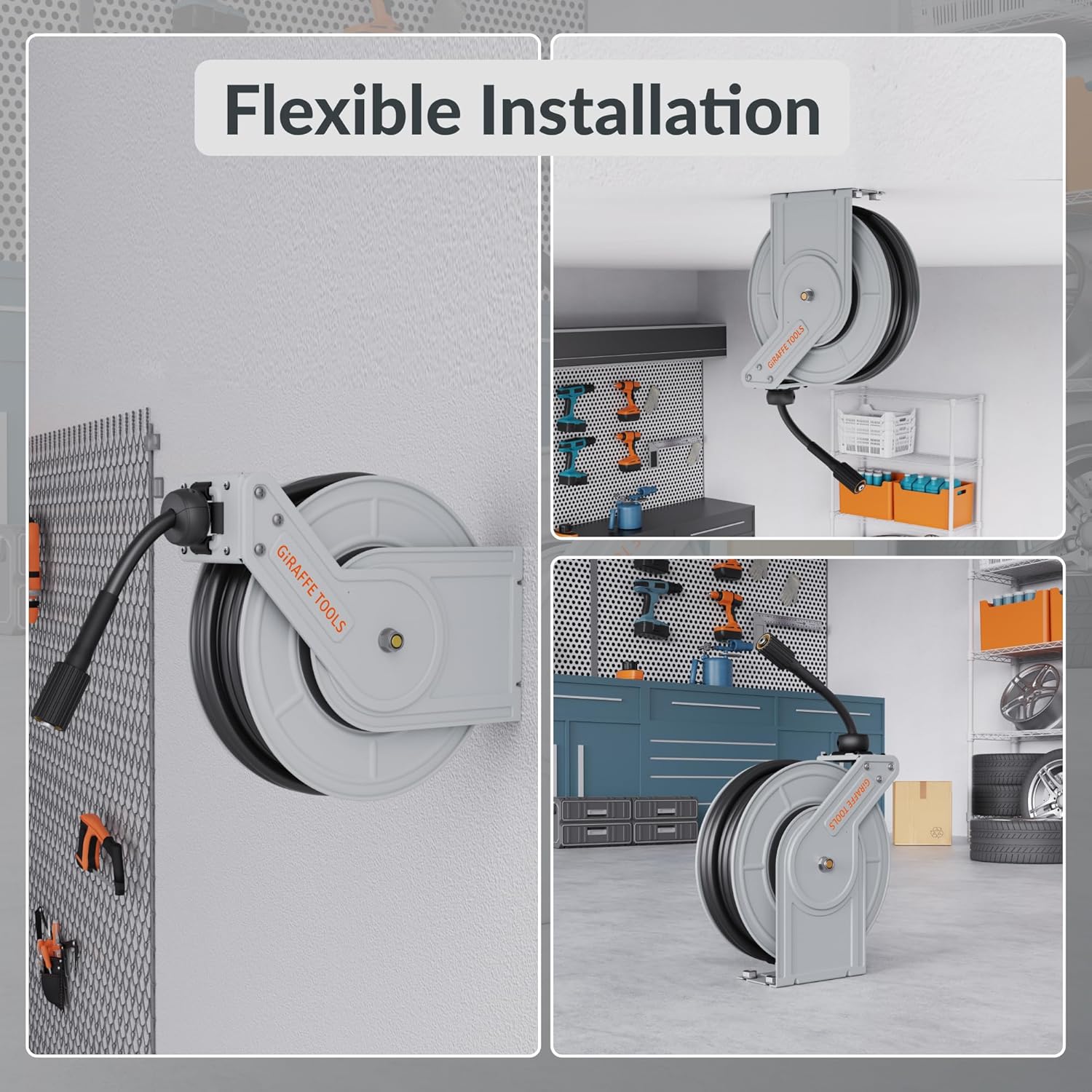 Giraffe Tools Pressure Washer Hose Reel, Any Length Lock, Auto Rewind, Wall Mounted