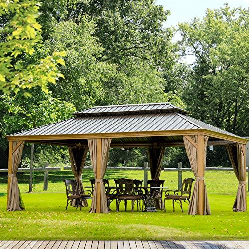 Outdoor Hardtop Gazebo 2021 New – Galvanized Steel Double Roof,Patio Gazebo Canopy with Privacy Curtains and Netting,WoodLooking Finish Aluminum Frame Cavus 12'X20′ by domi outdoor living