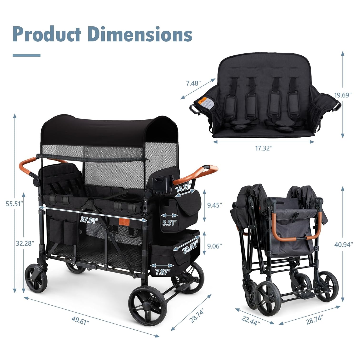Wagon Stroller for 4 Kids, All-Terrain Wagon for Toddler with Canopy, Parent Organizer, Shoulder Bag, Adjustable Handlebar, Phone Holder, High Seat & 5 Point Harness, Ultimate Quad (Black)