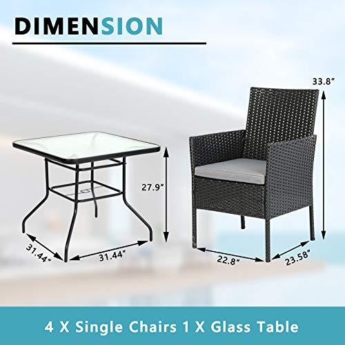 5 Piece Wicker Patio Dining Set, Outdoor Rattan Table and Chairs Sets for 4, Tempered Glass Top with Umbrella Hole Great for Deck Garden Yard Balcony, Black