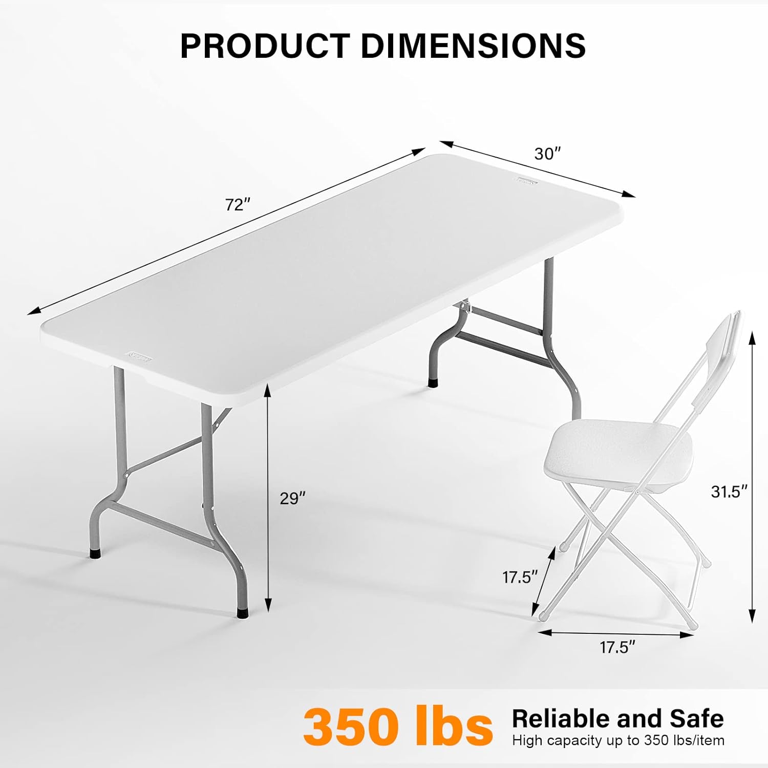 VINGLI 6 FT Plastic Folding Table Set with 8 White Folding Chairs