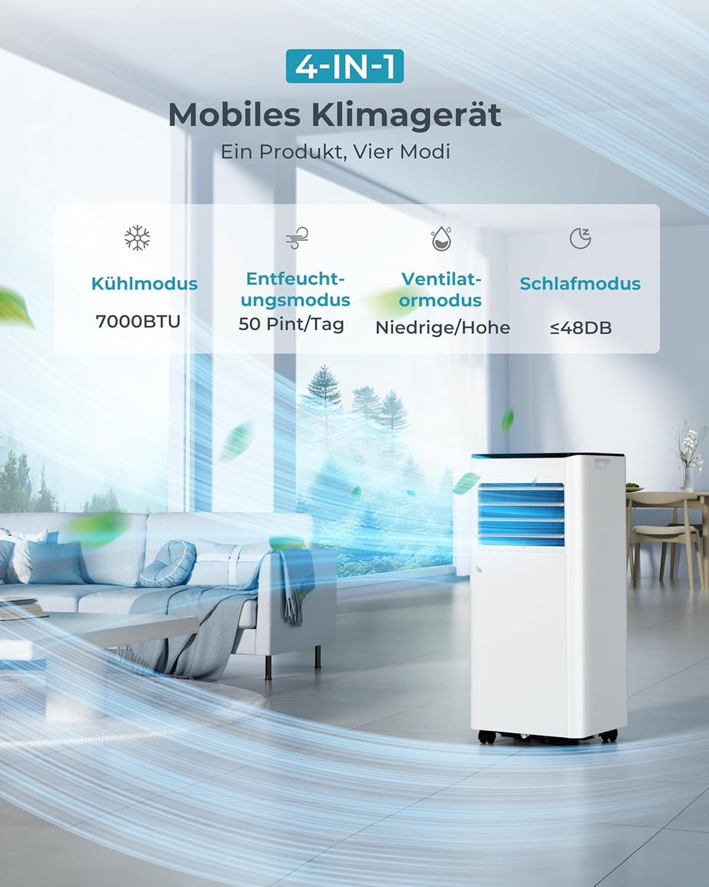 Mobile Air Conditioner with Exhaust Hose 7000 BTU 4-in-1 Mobile Air Conditioner Quiet Operation Digital Display + Remote Control Window Installation Set 24 Hour Timer for Rooms up to 20 m2