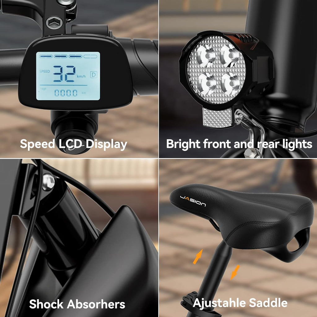 Jasion EB3 Electric Bike Adults 21mph, 500W Peak Motor, 270Wh Battery, Rear Suspension, 3 Levels Assist, 14" Folding Ebike for Adults and Teens, Complies to UL2849