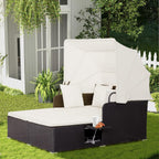 RELAX4LIFE Patio Outdoor Daybed with Canopy, Wicker Sunbed w/Cushions, 4 Pillows & 2 Retractable Side Trays, 2-Person Lounge Bed Conversation for Poolside Porch Garden, Rattan Outdoor Bed (Turquoise)