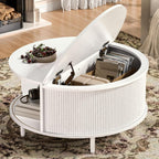 Round Coffee Table, 31.5" Fluted Center Table with Storage, Lift-Top Coffee Table with Adjustable Footpads, Sliding Door, Mid-Century Modern Center Table for Living Room, Small Space (Walnut)