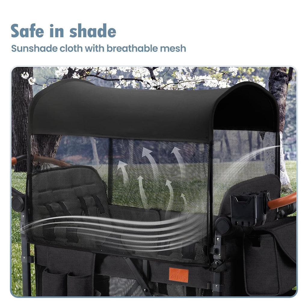 Wagon Stroller for 4 Kids, All-Terrain Wagon for Toddler with Canopy, Parent Organizer, Shoulder Bag, Adjustable Handlebar, Phone Holder, High Seat & 5 Point Harness, Ultimate Quad (Black)