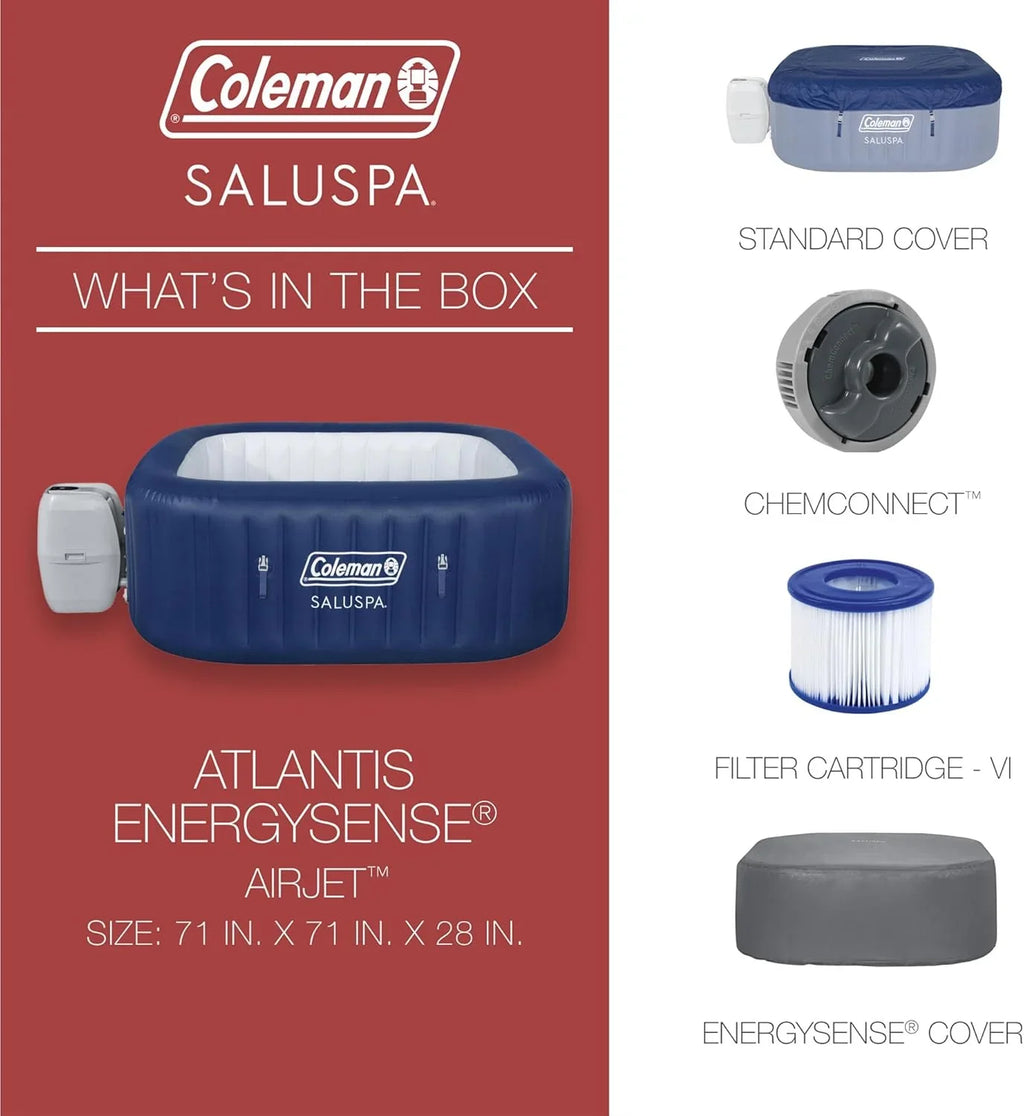 4 to 6 Person Inflatable Hot Tub Square Portable Outdoor Spa with 114 Soothing AirJets and Insulated Cover, Gray-Coleman