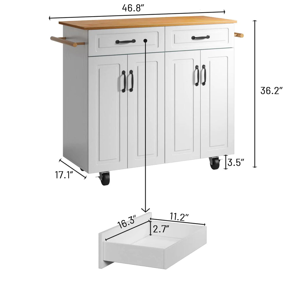 4 EVER WINNER White Kitchen Island with Storage on Wheels, Rolling Kitchen Island Cart with 2 Drawers& 4 Storage Cabinets, Wooden Countertop, Towel Racks, Adjustable Shelves