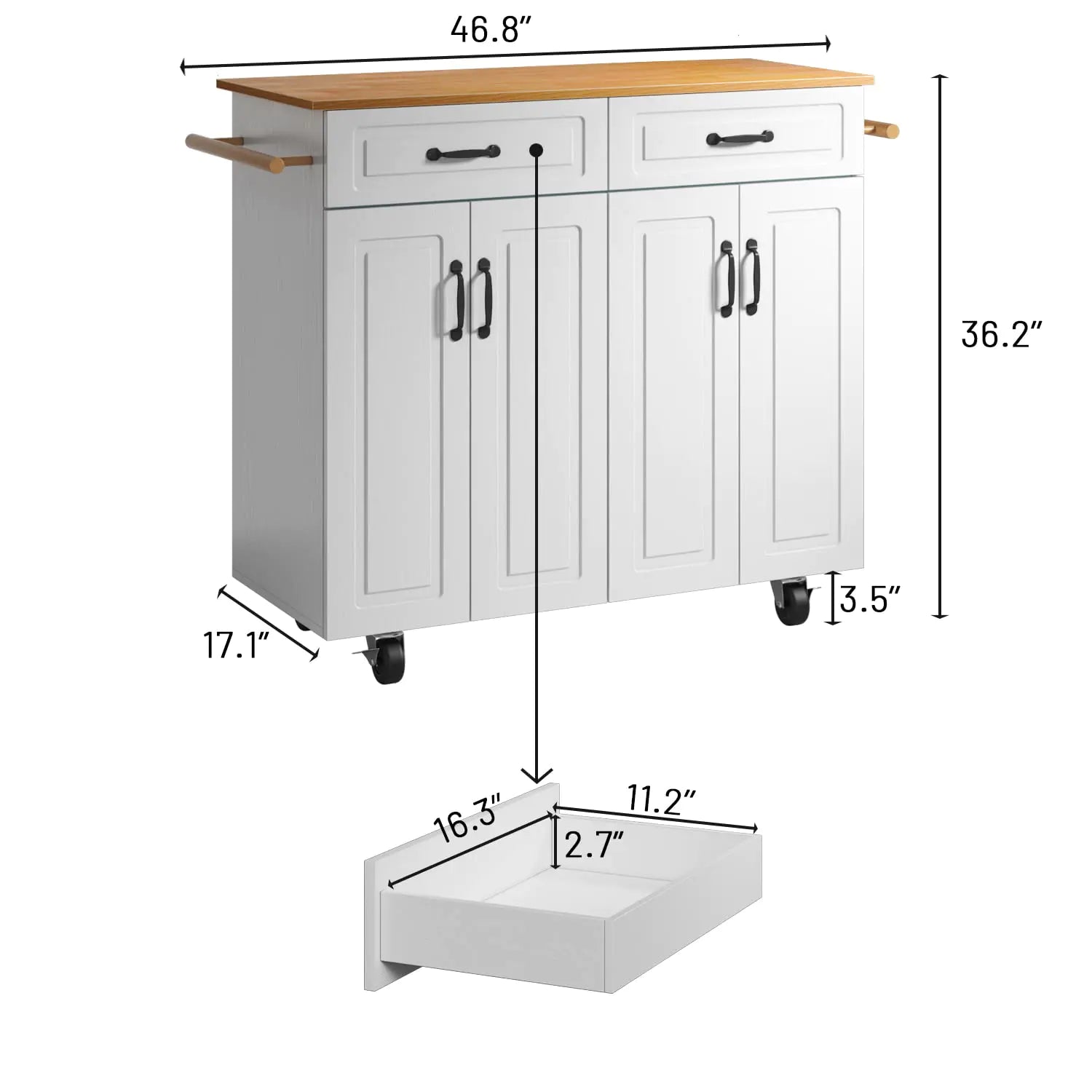 4 EVER WINNER White Kitchen Island with Storage on Wheels, Rolling Kitchen Island Cart with 2 Drawers& 4 Storage Cabinets, Wooden Countertop, Towel Racks, Adjustable Shelves